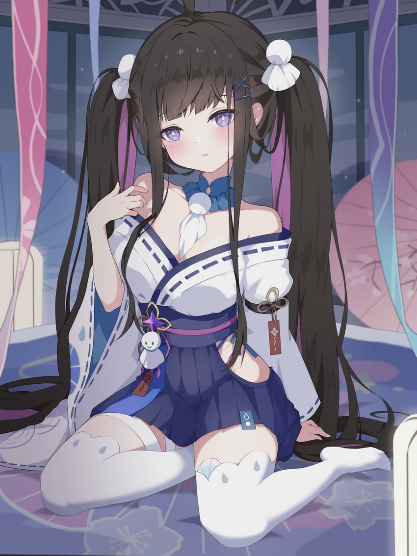 史黛拉·索拉、千岁 (Stella Sora)、千岁 (牵牛花开之时，她睁开了双眼) (星空列车与白之唯物传) 1名女孩 露肩 脸红 乳房 挂耳染