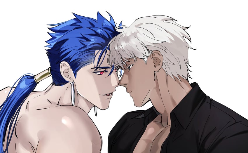 Fate/stay night、Fate系列、Archer (Fate) 2个男孩 蓝发 深色皮肤男性 黑肉 灰瞳