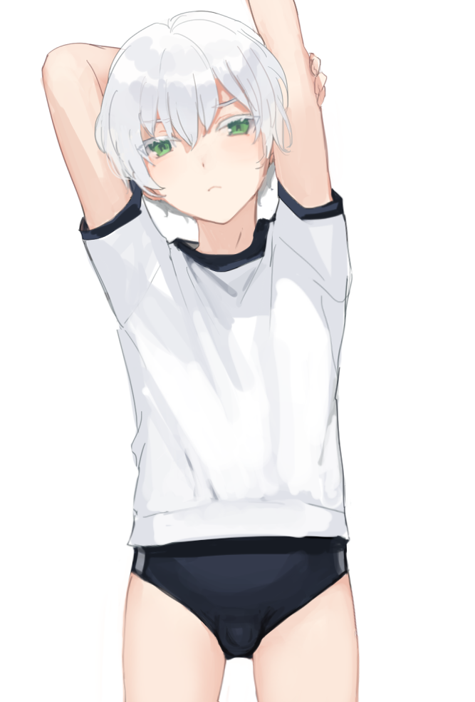 原创、白发男孩 (sunaba_(nczd5875)) 1名男孩 手放在头后 举起双手 黑色布鲁马/运动短裤 凸起