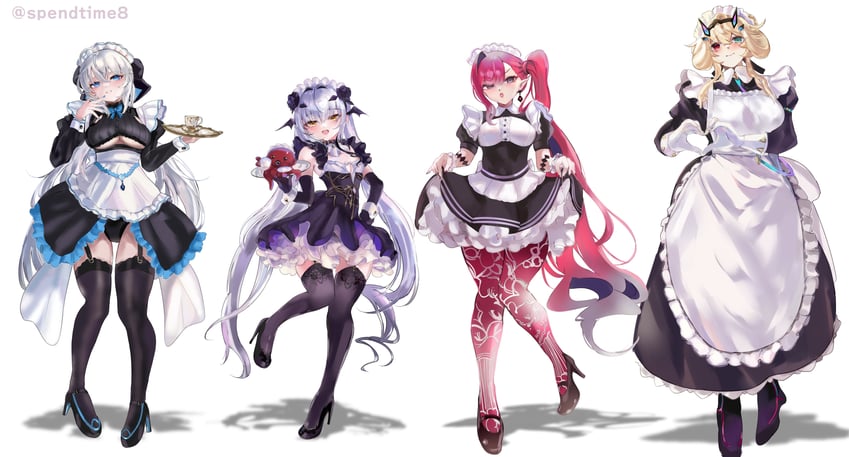 Fate/Grand Order、Fate系列、芭万·希 (Fate) 4个女孩 围裙 黑色蝴蝶结 黑色连衣裙 金发