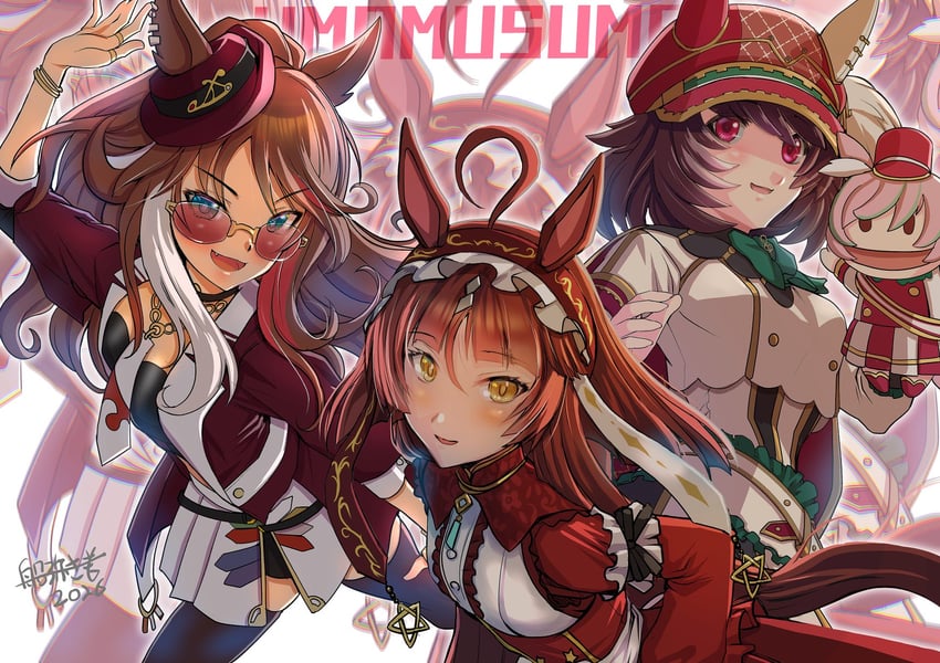 赛马娘、青春永驻 (赛马) (赛马娘)、青春永驻 (赛马娘) 3人女子 呆毛 兽耳 黑色短裤 黑色过膝袜