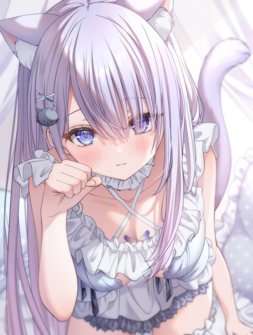 个人势虚拟主播、Manmaru (Vtuber) 1名女孩 兽耳 蓝眼 脸红 乳房