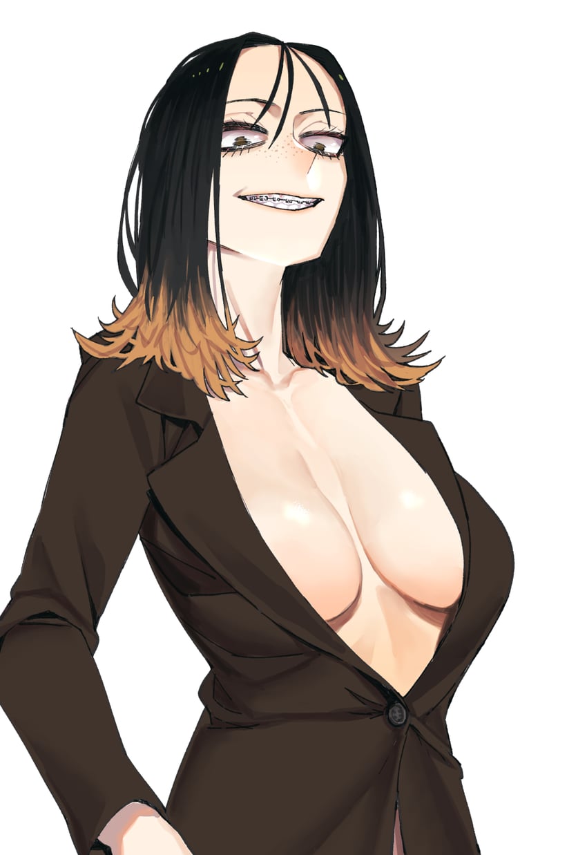 原创 1名女孩 黑发 模糊的眼睛 牙套/吊带 乳房