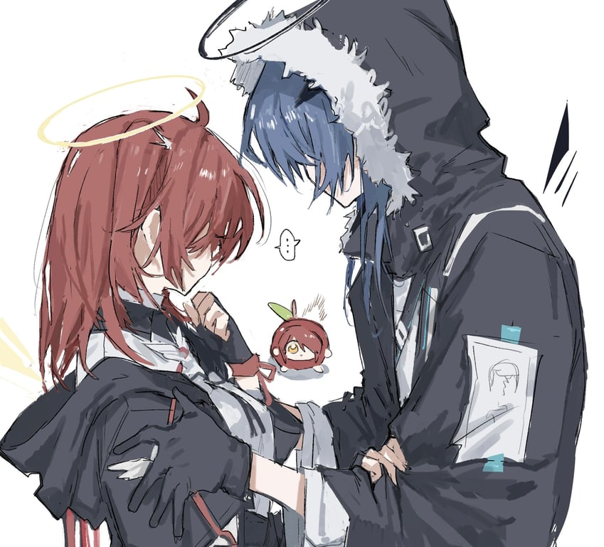 明日方舟、能天使（苹果）（明日方舟）、能天使 (明日方舟) 3人女子 黑色手套 黑色光环 黑色夹克 蓝发