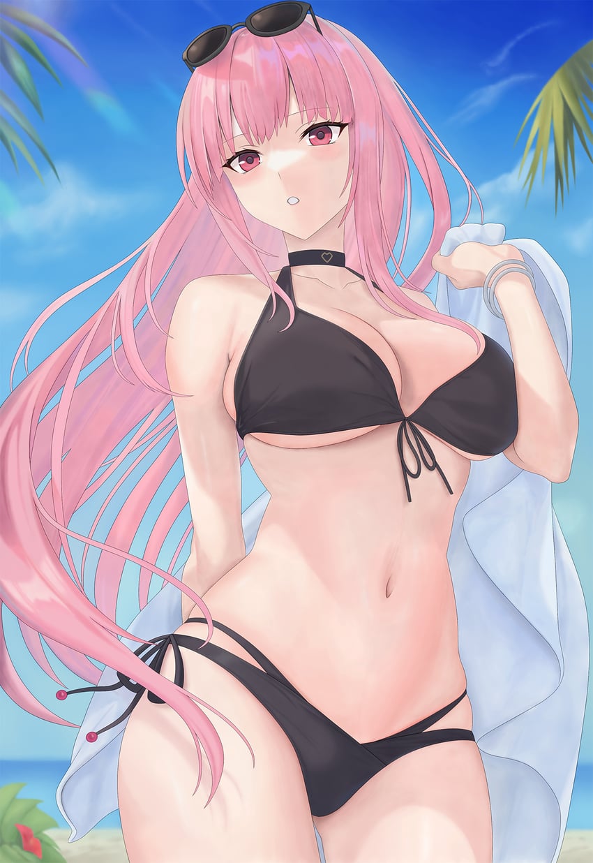 Hololive、Hololive英语、森美声 1名女孩 比基尼 黑色比基尼 黑色项圈 蓝天