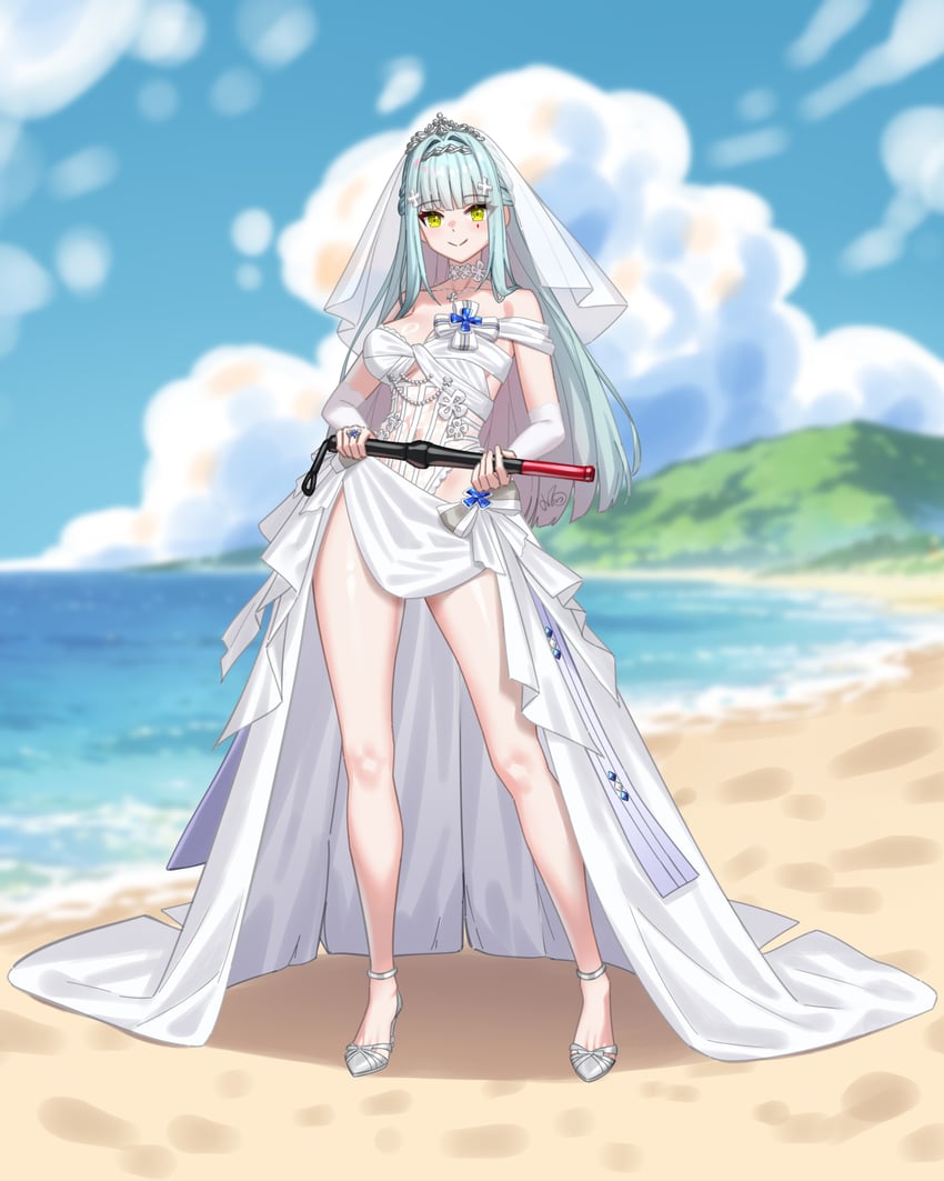 少女前线、少女前线2：追放、HK416 (少女前线) 1名女孩 裸腿 露肩 警棍/短棍 海滩