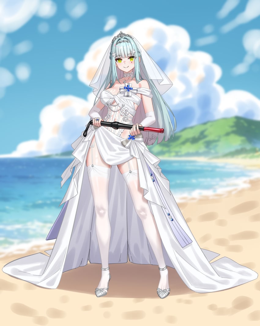 少女前线、少女前线2：追放、HK416 (少女前线) 1名女孩 露肩 警棍/短棍 海滩 蓝发