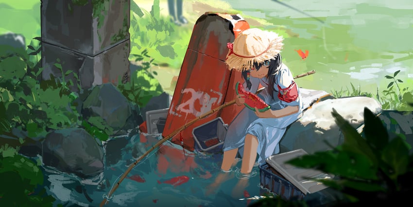 原创 1名女孩 臂章 黑发 蓝眼 进食