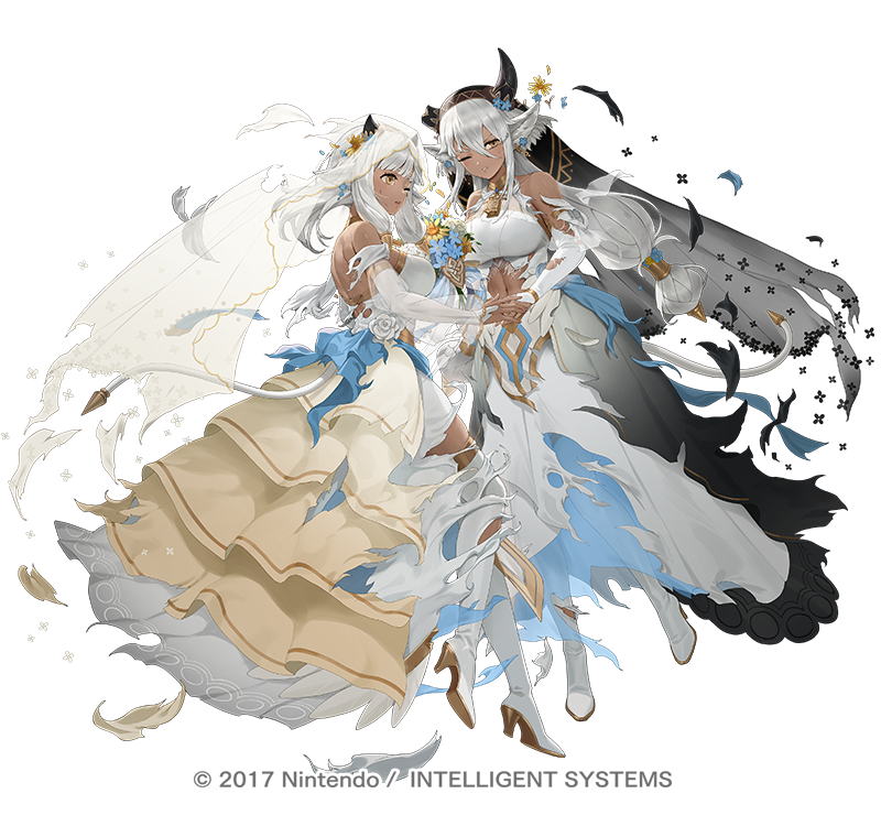 火焰纹章、火焰之纹章：英雄、ash (divergent brides) (fire emblem) 2名女孩 兽耳 露肩 战损 黑角