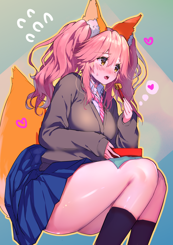 Fate/Extra、Fate系列、玉藻前 (Fate) 1名女孩 兽耳 黑袜 蓝裙子 脸红