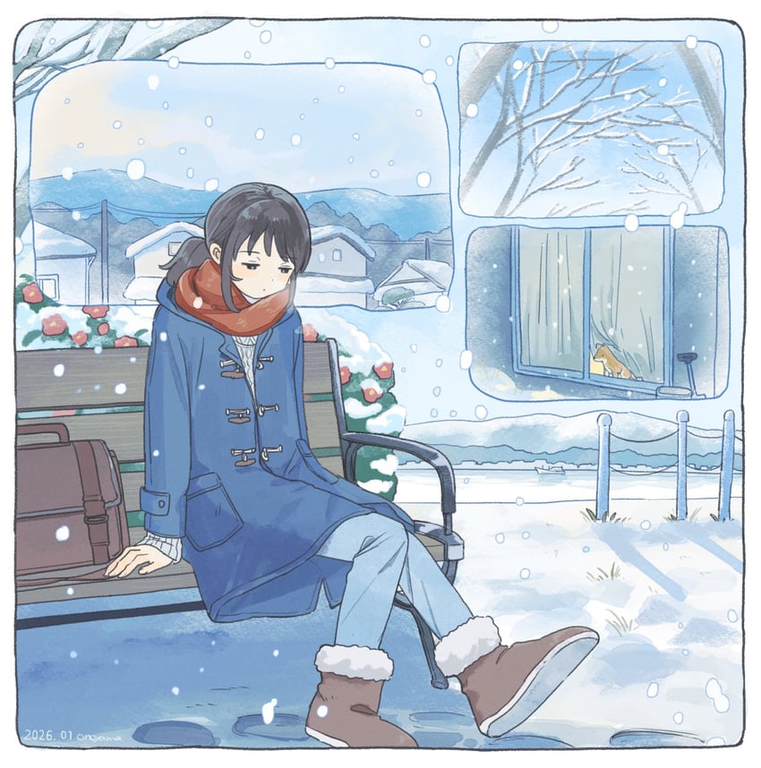 原创 1名女孩 幼兽 包 枯树 长椅