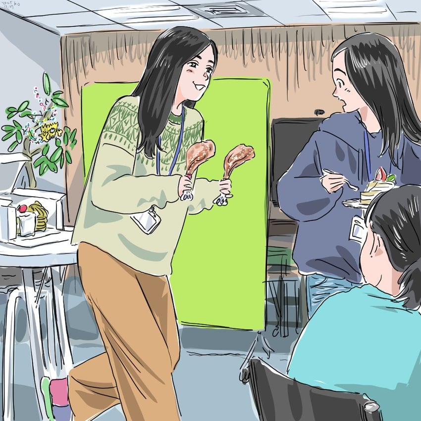 原创 3人女子 黑发 棕色裤子 蛋糕 椅子