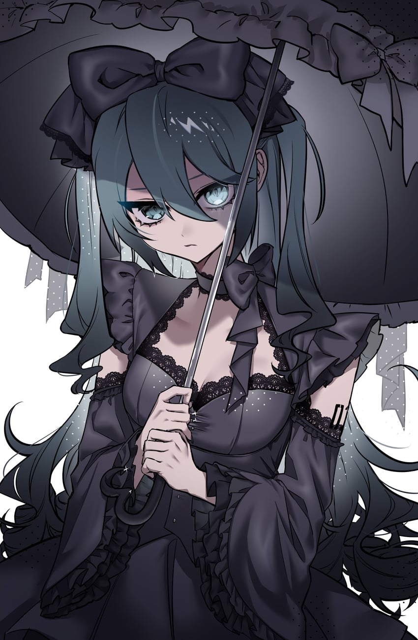 VOCALOID、初音未来 1名女孩 替换服装 水色瞳 水色发 黑色蝴蝶结