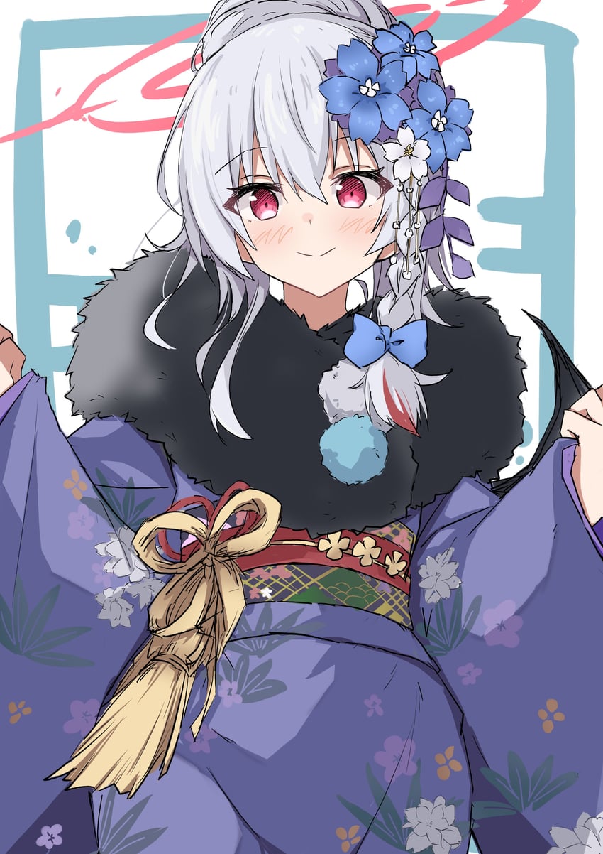 蔚蓝档案、晴奈 (蔚蓝档案)、晴奈 (新年) (蔚蓝档案) 1名女孩 蓝色蝴蝶结 脸红 蝴蝶结 辫子