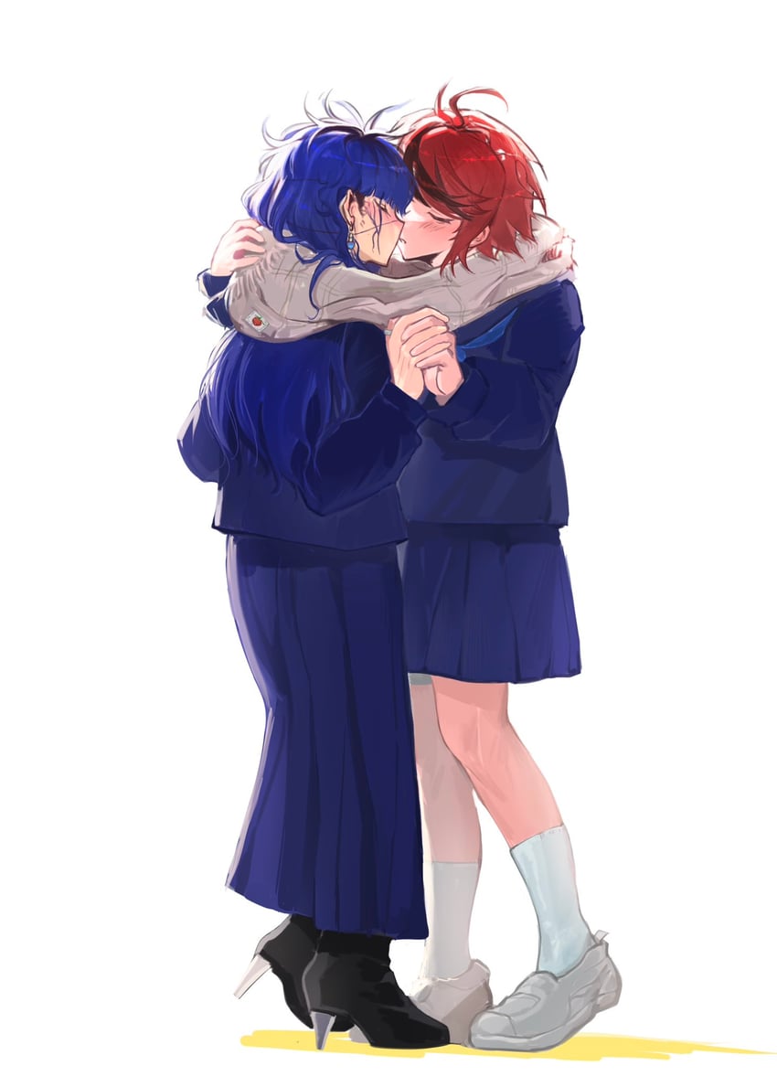 百日战线 -最终防卫学园-、面影歪、角野卓 2名女孩 呆毛 黑鞋 黑条纹/黑挑染 蓝发