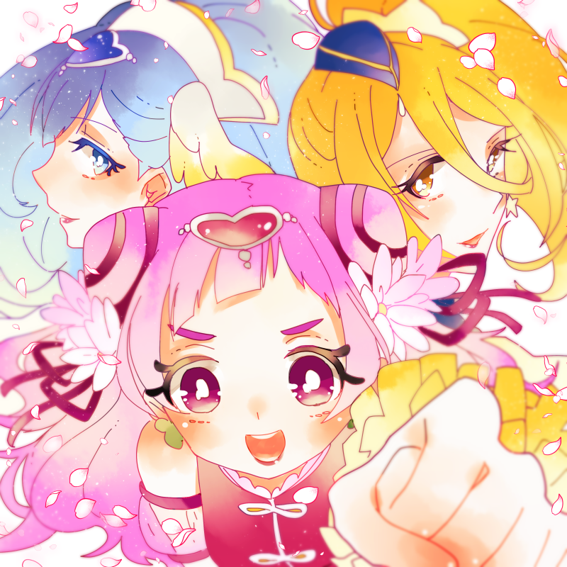 HUG! 光之美少女、光之美少女、圣洁天使 3人女子 金发 蓝眼 蓝发 模糊