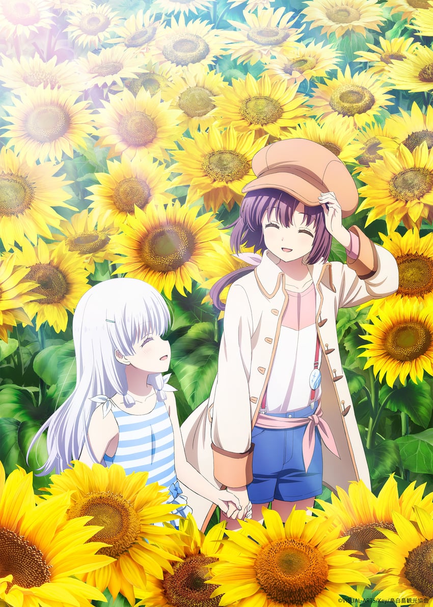 Key社、夏日口袋、七海（Summer Pockets） 2名女孩 蓝色短裤 棕发 棕色夹克 闭眼