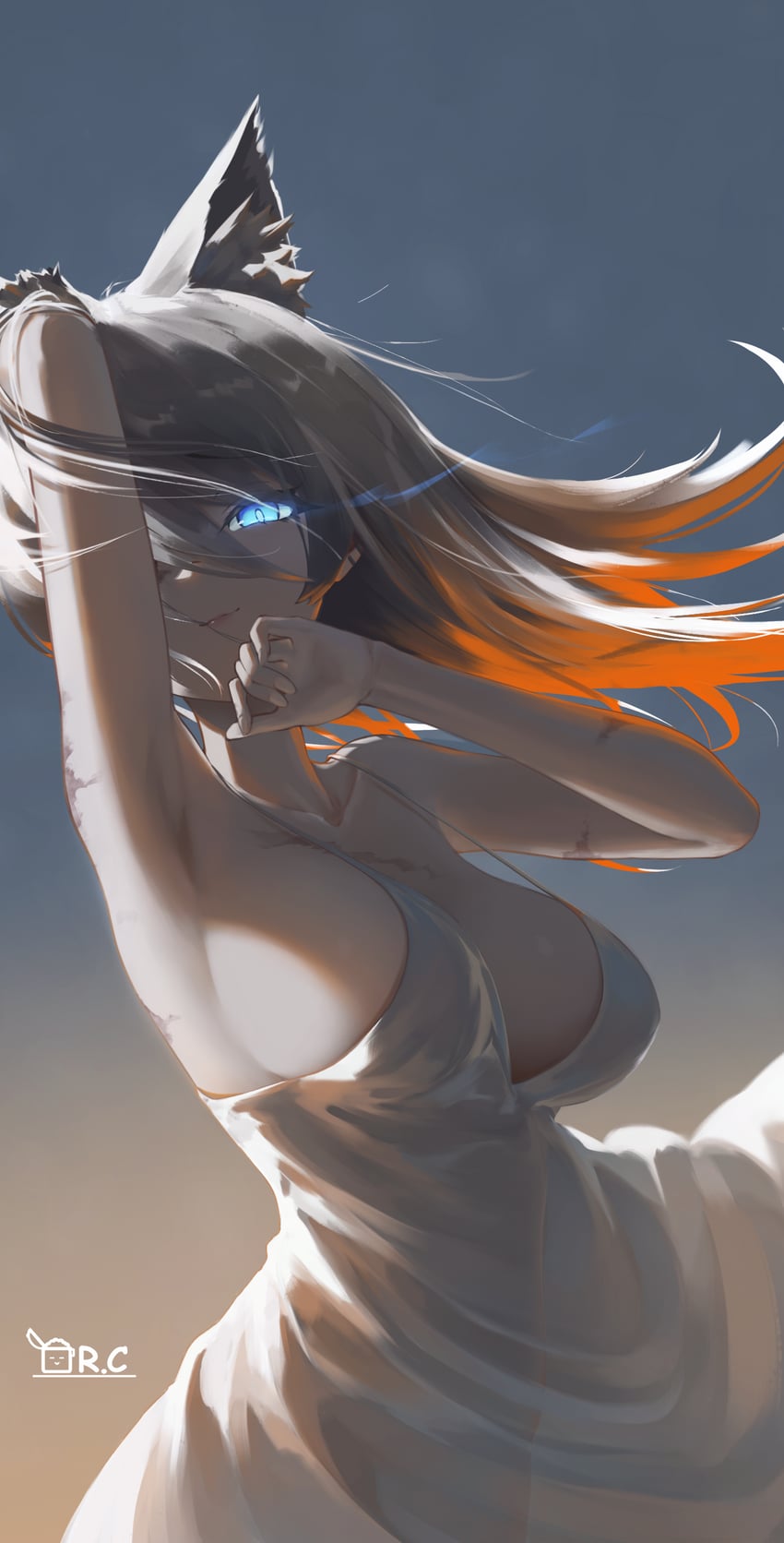 原创 1名女孩 兽耳毛 兽耳 手放在头后 举手