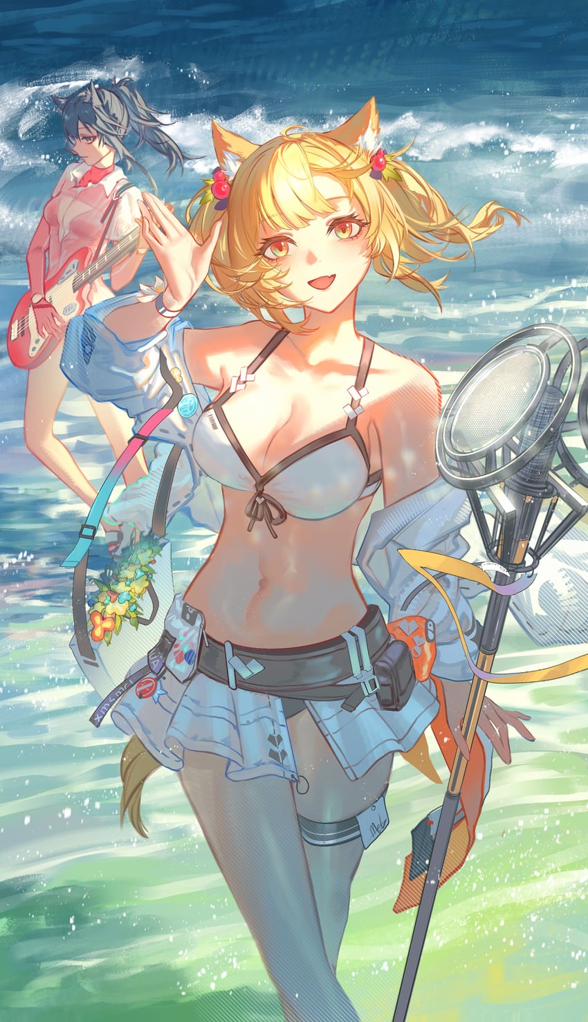 明日方舟、空 (明日方舟)、空 (夏卉) (明日方舟) 2名女孩 兽耳毛 兽耳 海滩 比基尼