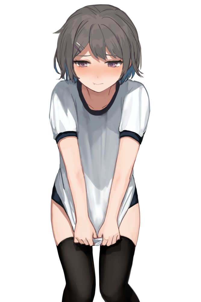 原创、佩戴发夹的男孩 (sunaba_(nczd5875)) 1名男孩 黑色过膝袜 蓝色布鲁玛 蓝发 脸红