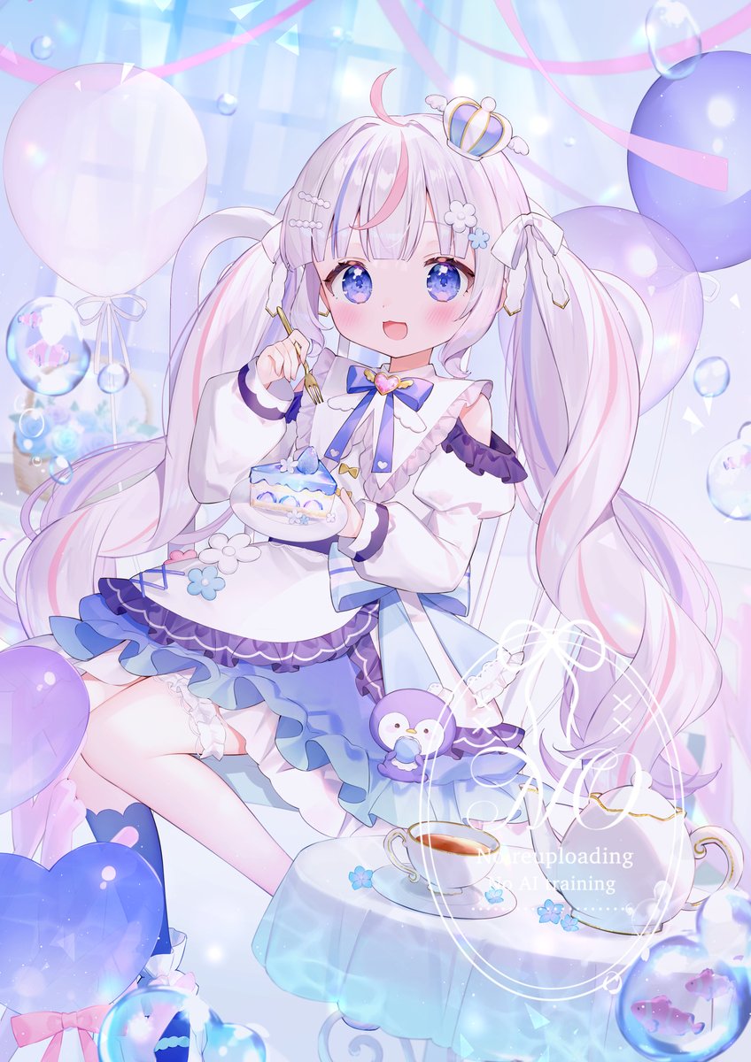 个人势虚拟主播、周央珊瑚 (VTuber) 1名女孩 围裙 气球 蓝色蝴蝶结 蓝色领结