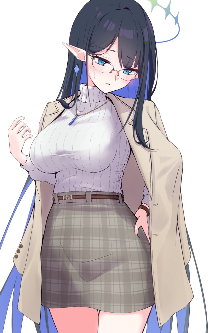 蔚蓝档案、凛 (蔚蓝档案)、凛 (便装) (碧蓝档案) 1名女孩 黑发 蓝色眼线 蓝发 蓝色光环