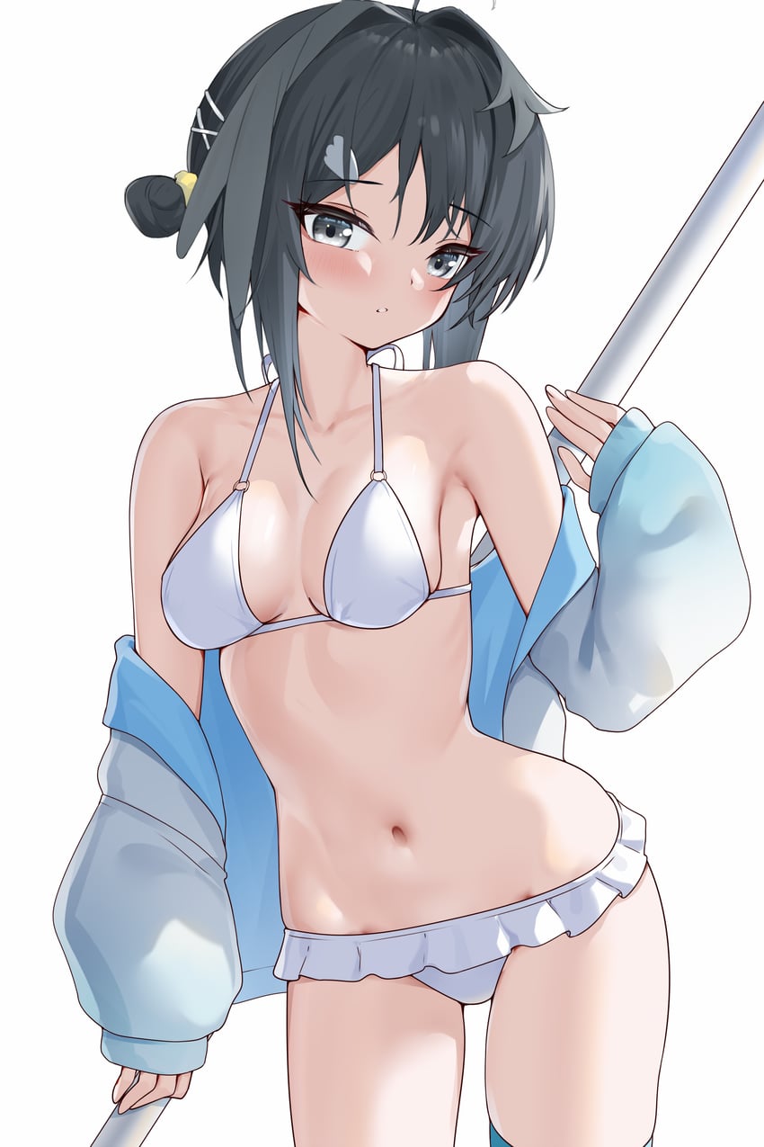 明日方舟、羽毛笔 (明日方舟)、羽毛笔 (夏卉) (明日方舟) 1名女孩 比基尼 黑发 乳房 牛仔镜头
