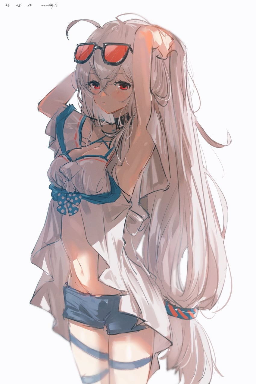 明日方舟、斯卡蒂 (明日方舟)、斯卡蒂（驭浪）（明日方舟） 1名女孩 :< 呆毛 举起双手 黑色项圈