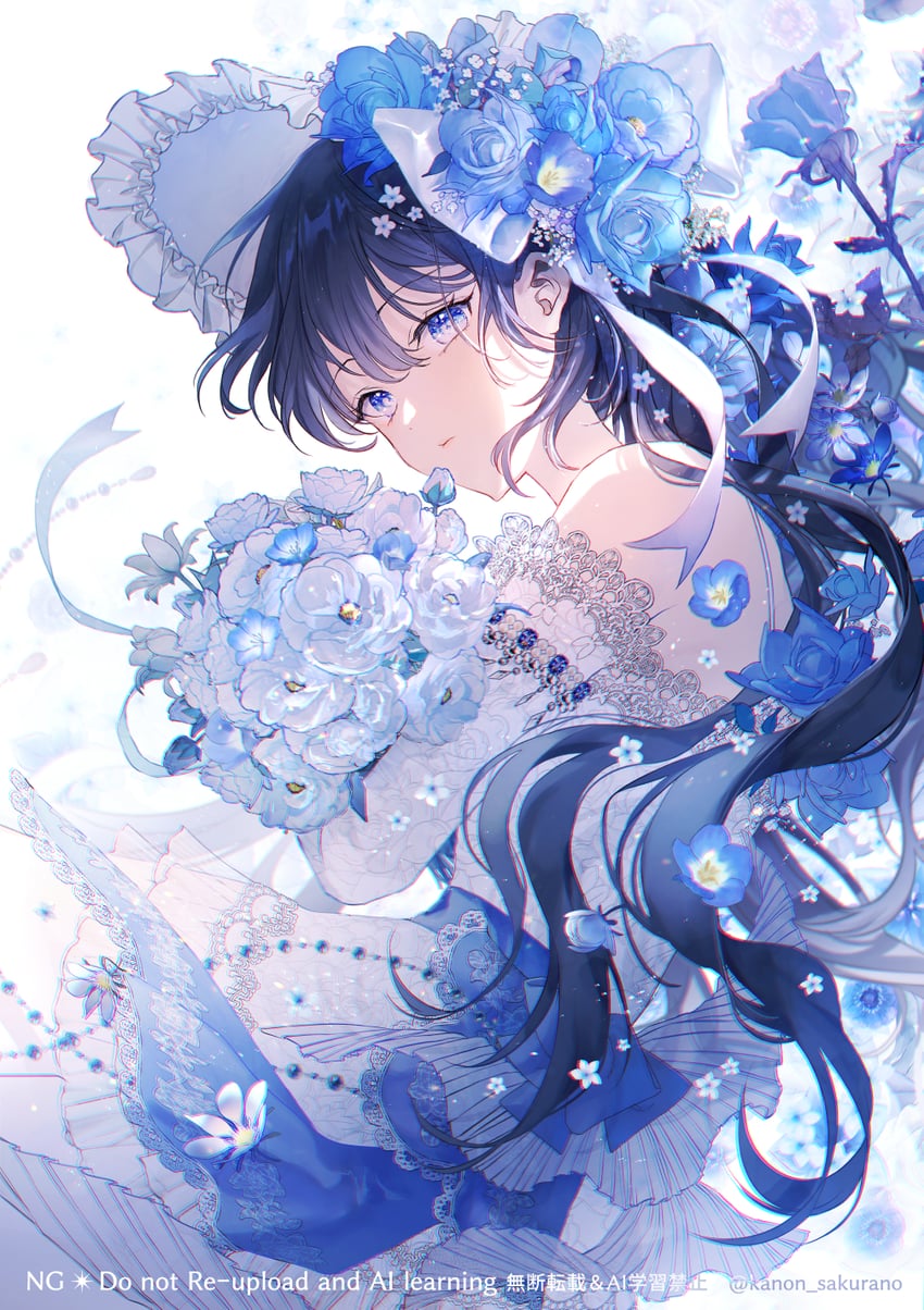 原创 1名女孩 露肩 黑发 蓝花 花束