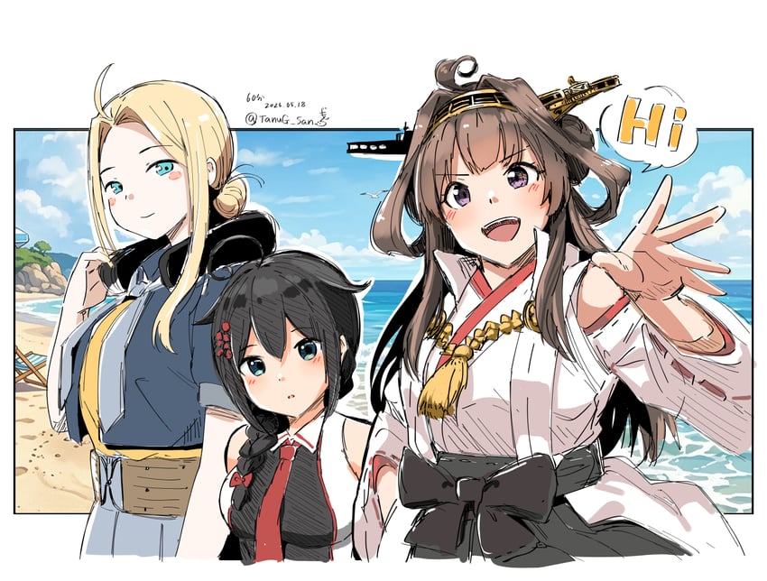舰队Collection、金刚 (舰队收藏)、金刚改二 (舰队收藏) 3人女子 呆毛 水色瞳 不对称发型 黑发