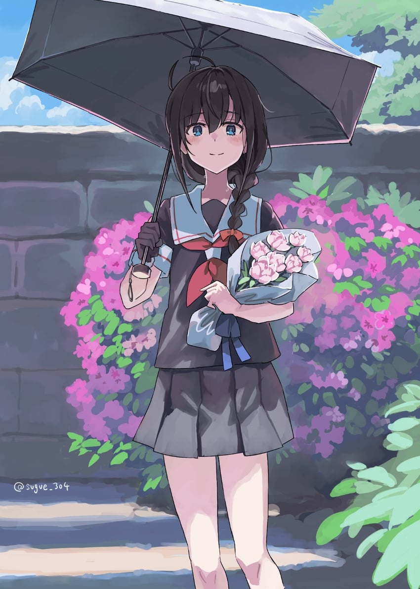 舰队Collection、时雨 1名女孩 黑色手套 黑发 黑衬衫 黑色裙子
