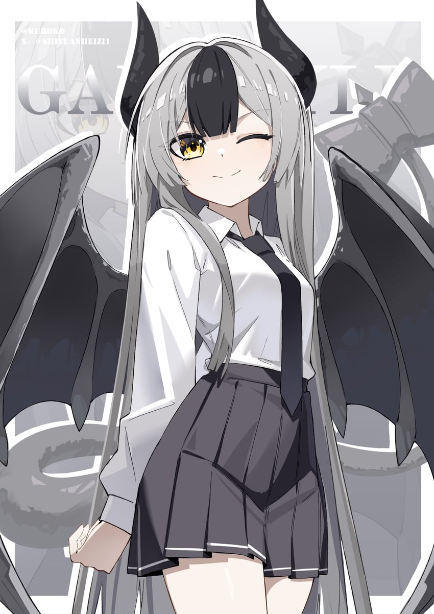 原创 1名女孩 黑发 黑角 黑色领带 黑色裙子