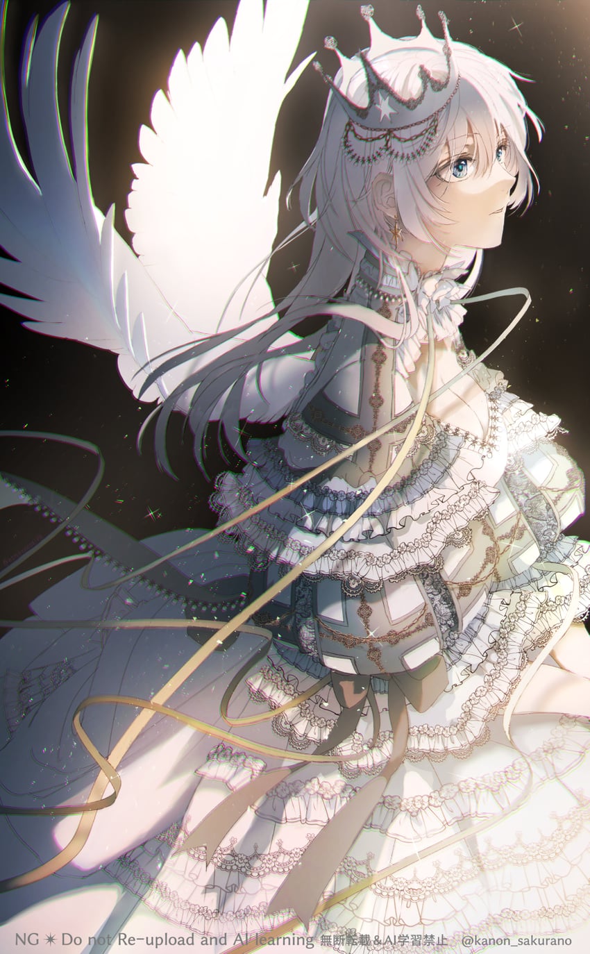 原创 1名女孩 天使 作者名 阿斯科特领巾 黑色背景
