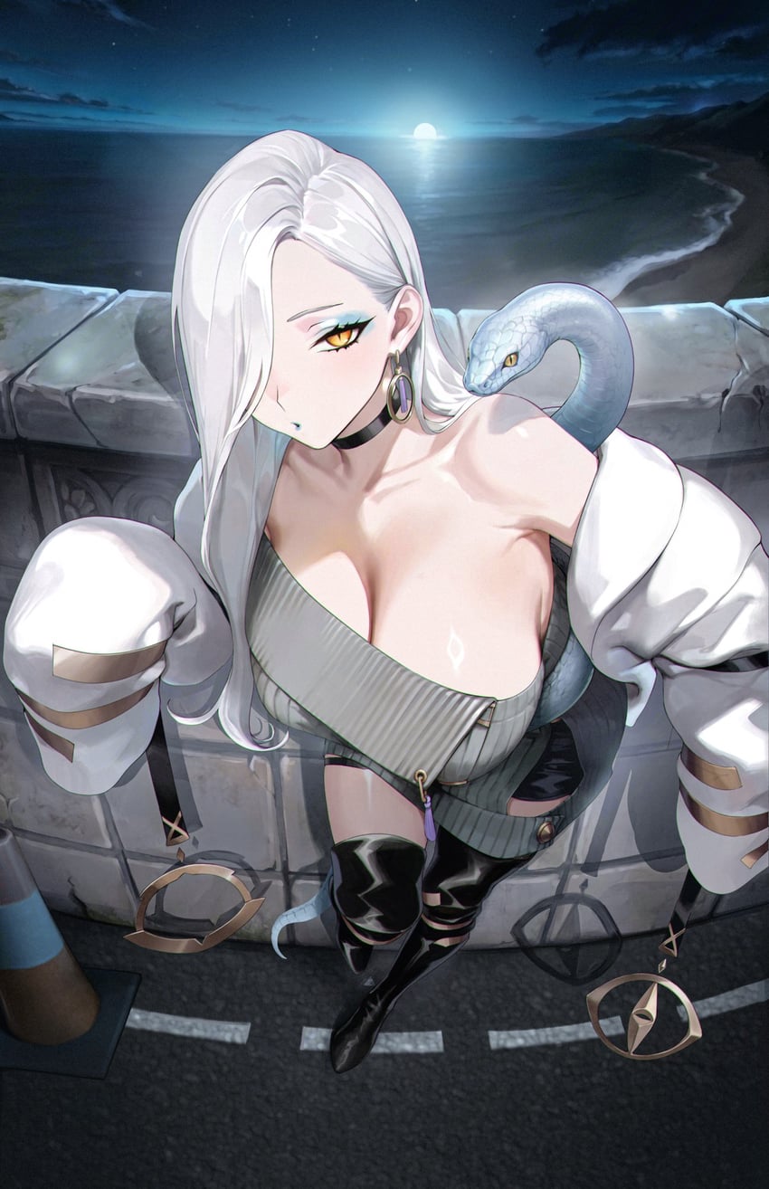 Fate/Grand Order、Fate系列、蛇女房 (Fate) 1名女孩 露肩 黑色项圈 蓝色眼影 蓝唇