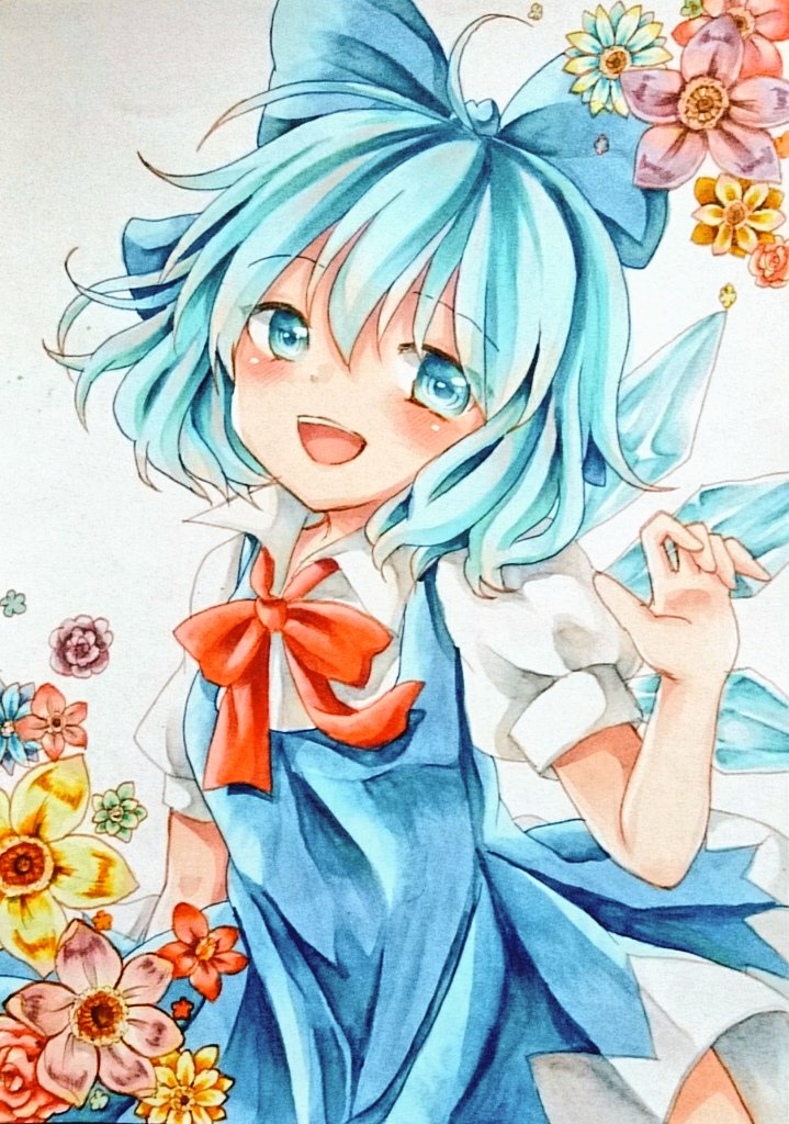 东方Project、琪露诺 1名女孩 蓝色蝴蝶结 蓝色连衣裙 蓝眼 蓝花