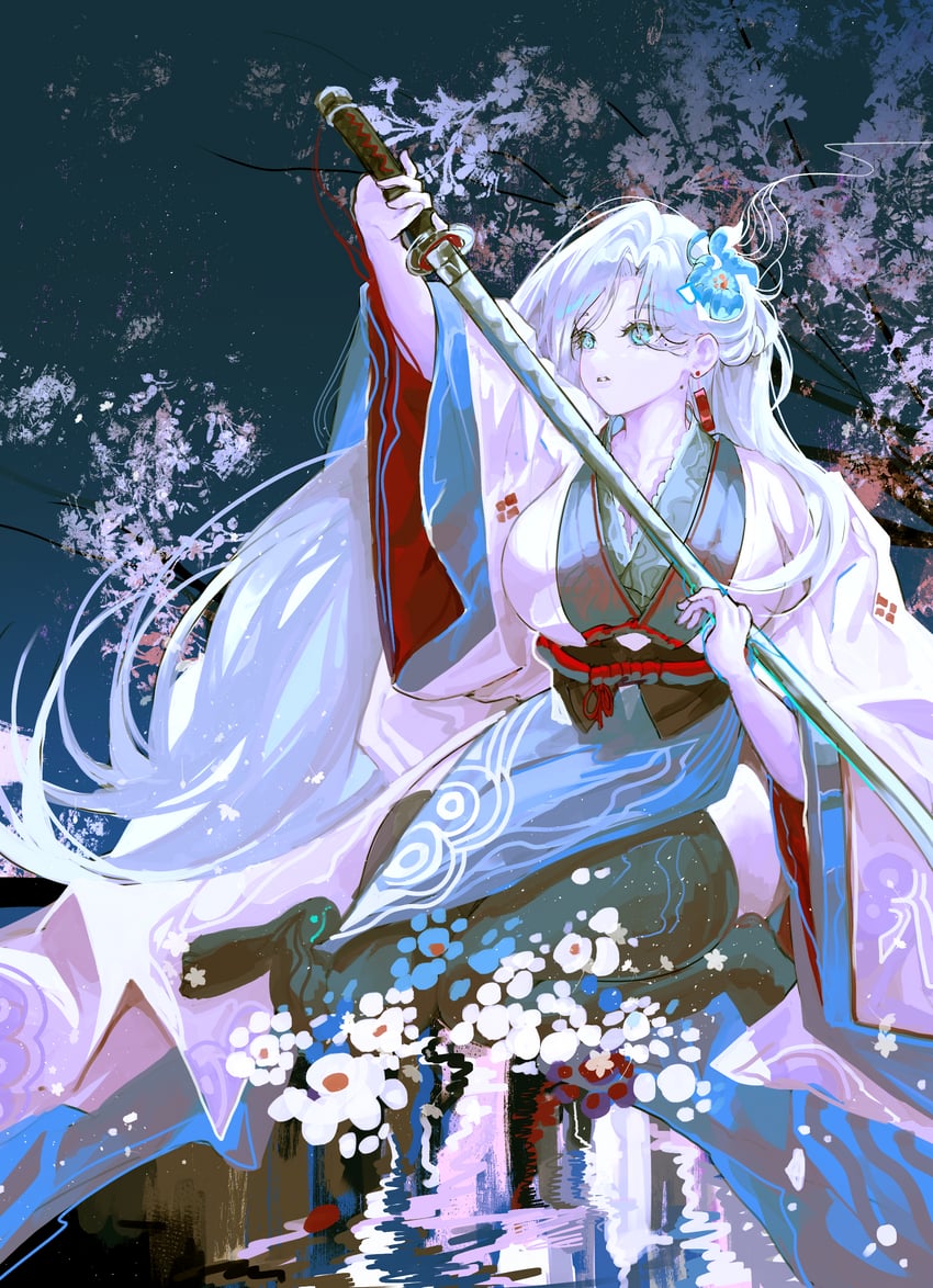 原创 1名女孩 黑色过膝袜 蓝眼 蓝花 乳房