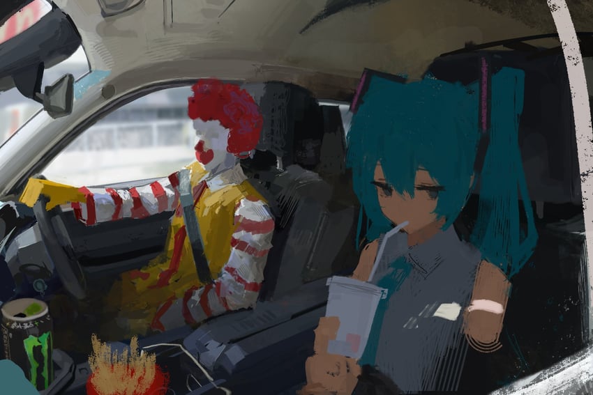麦当劳、VOCALOID、初音未来 1名男孩 1名女孩 水色瞳 水色发 露肩