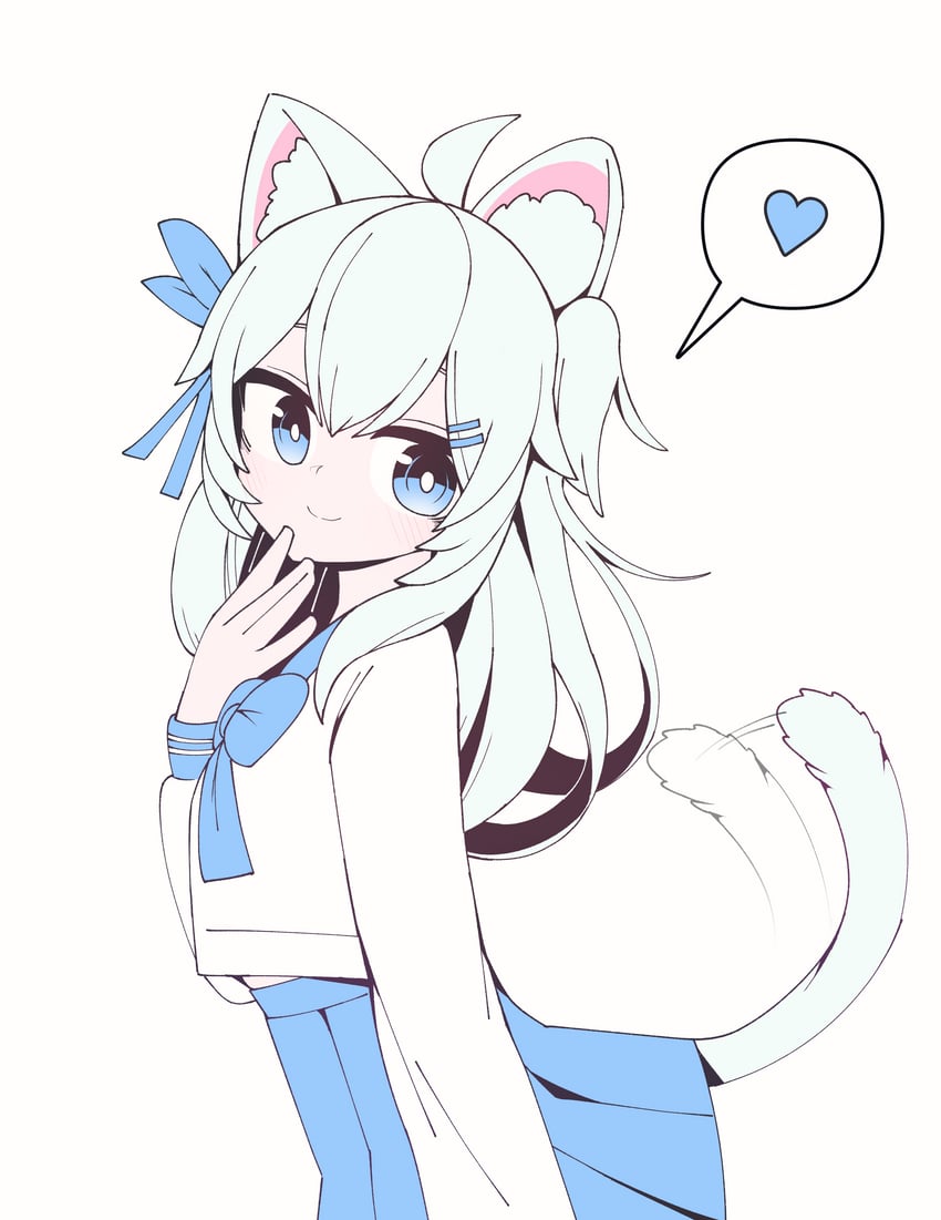 二次元插画 1名女孩 呆毛 兽耳毛 兽耳 蓝色蝴蝶结