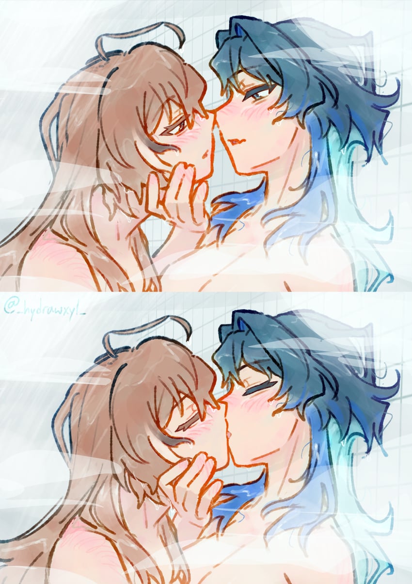 Hololive、Hololive英语、七诗无名 2名女孩 黑发 蓝眼 蓝发 脸红