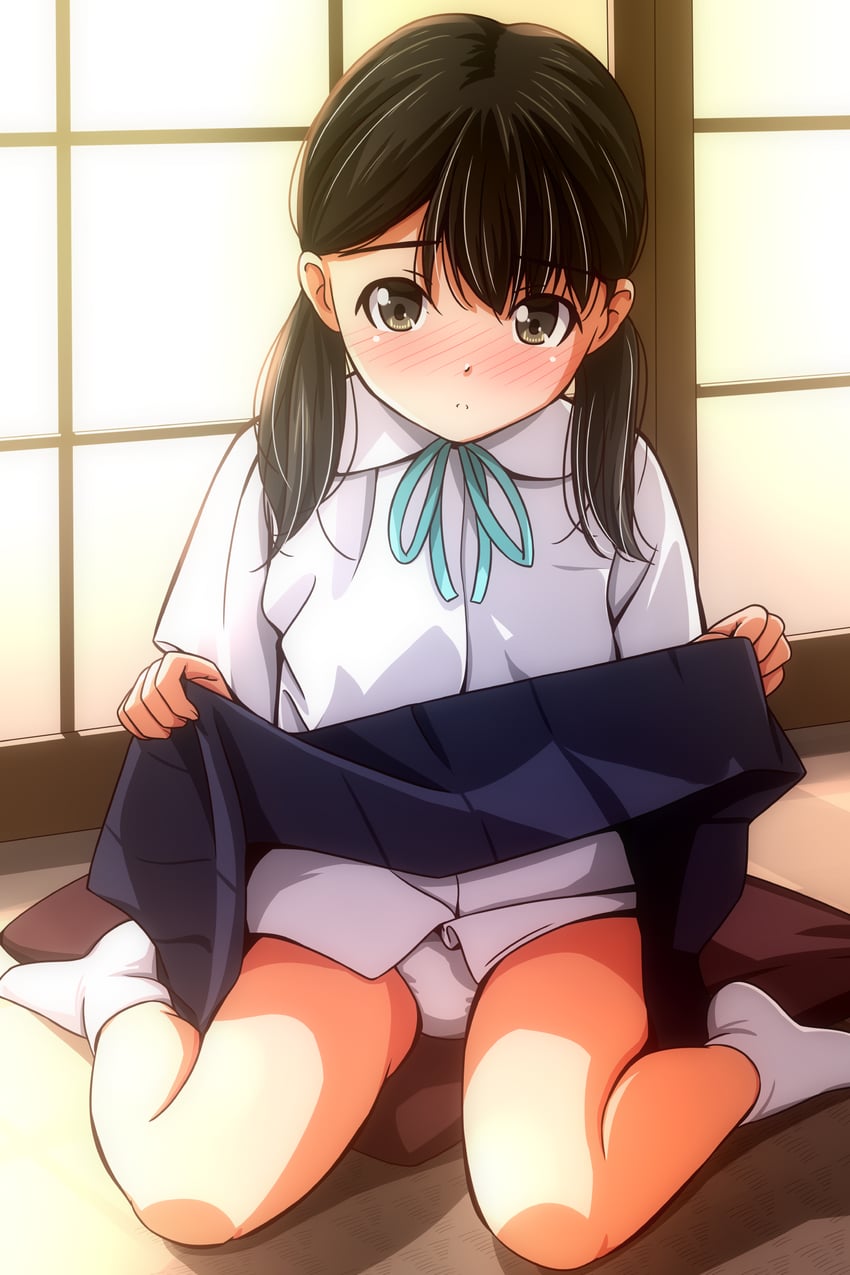 原创 1名女孩 黑发 蓝色丝带 蓝裙子 脸红
