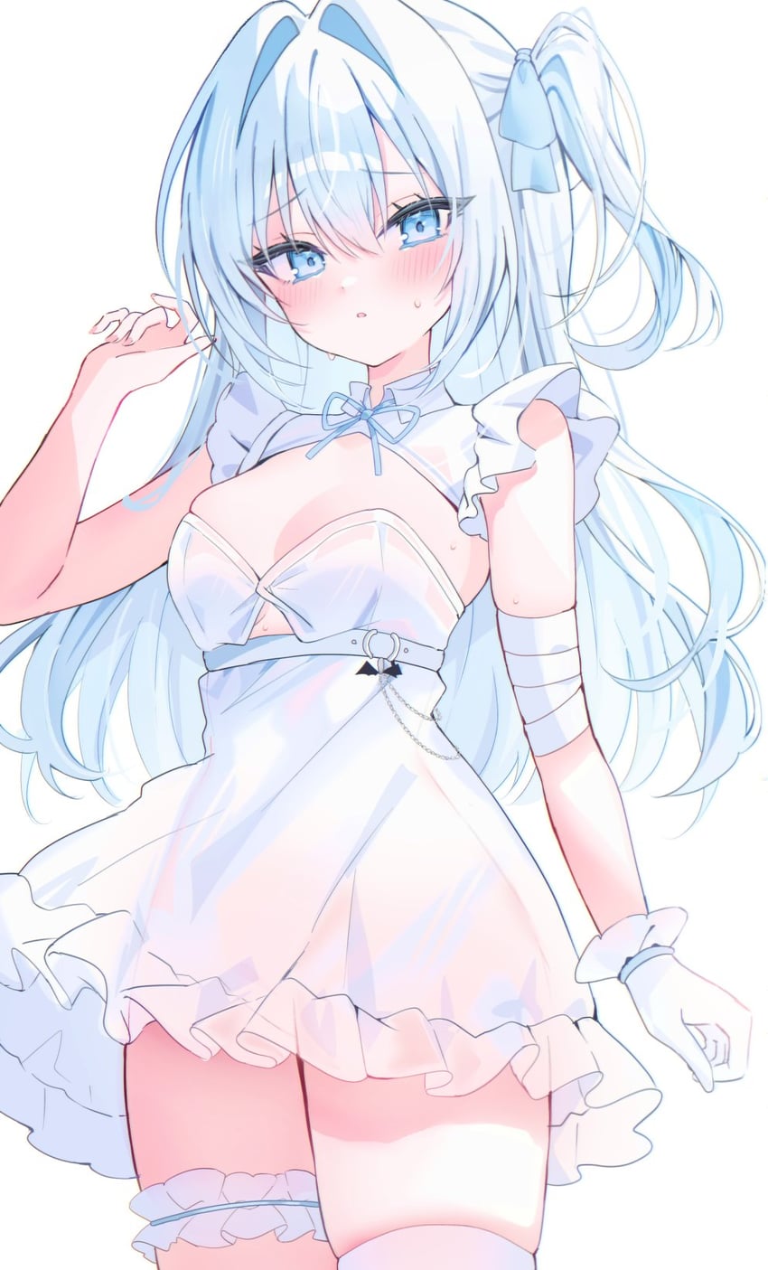 原创 1名女孩 蓝眼 蓝发 脸红 乳房