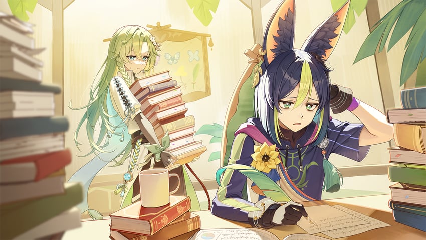 原神、原创、提纳里(原神) 1名男孩 1名女孩 兽耳毛 兽耳 不对称袖子