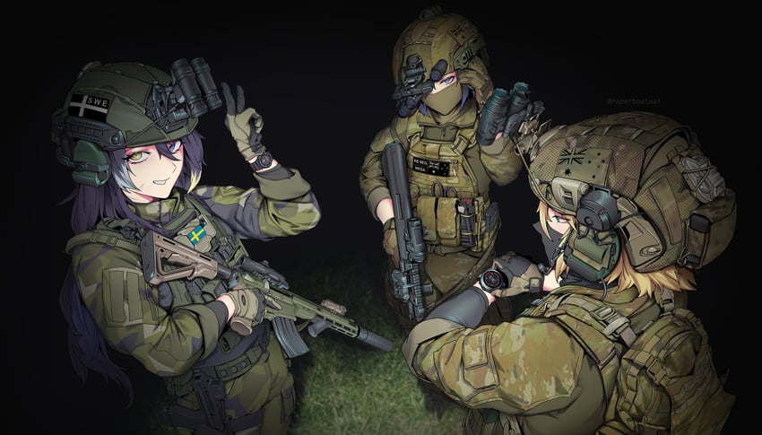 原创、艾丽娜·斯瓦德·科瓦连科（老挝飞行员）、Avee (沉默的笑翠鸟) 3人女子 突击步枪 澳大利亚军队 澳大利亚国旗 巴拉克拉法帽