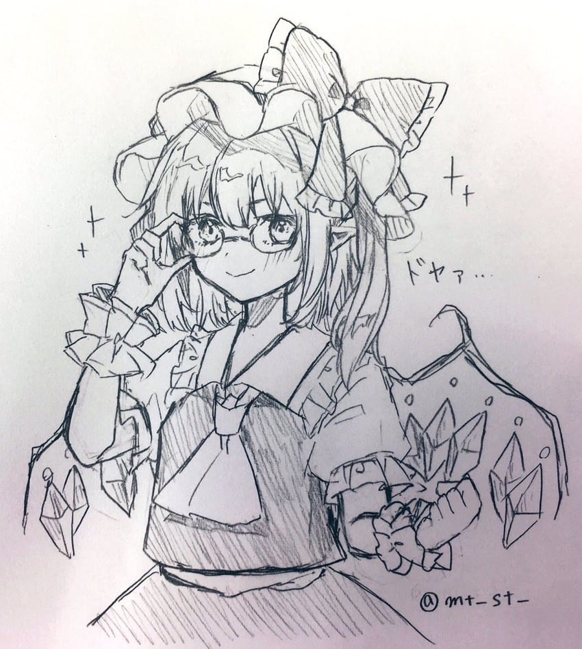 东方Project、芙兰朵露·斯卡蕾特 1名女孩 调整眼镜 阿斯科特领巾 戴眼镜的 脸红