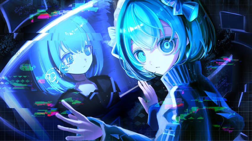 原创 2名女孩 黑色背景 蓝眼 蓝发 蓝色主题