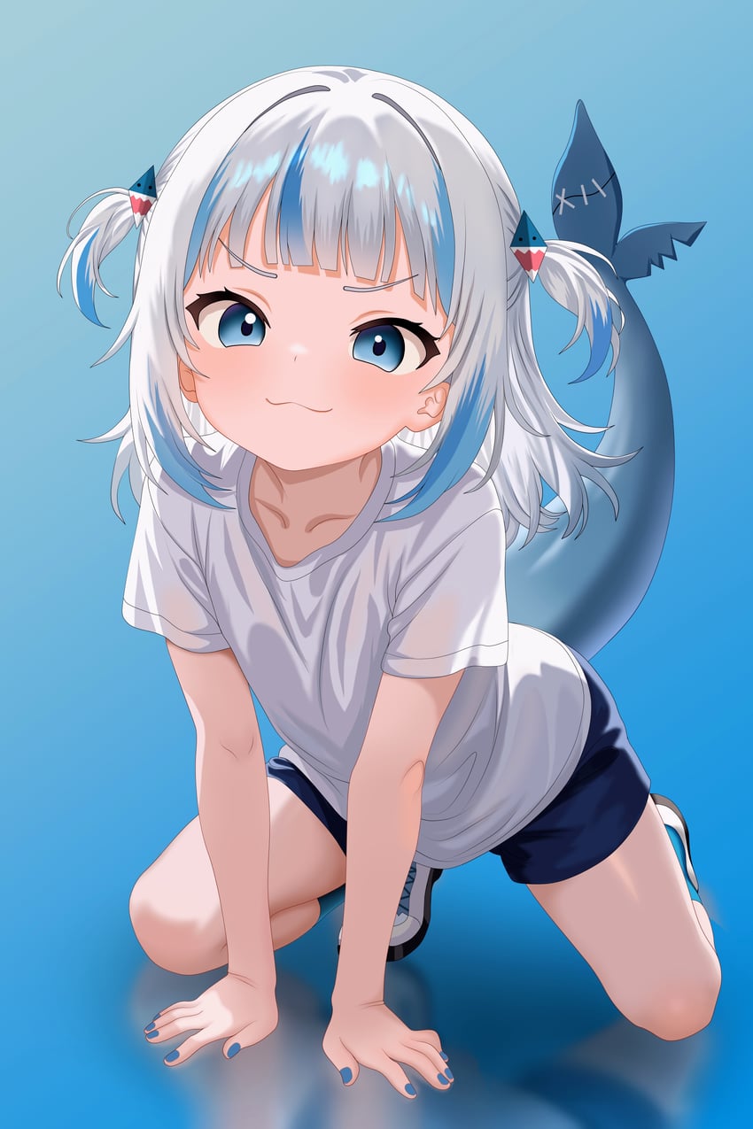 Hololive、Hololive英语、噶呜·古拉 1名女孩 猫脸笑 替换服装 蓝眼 蓝发