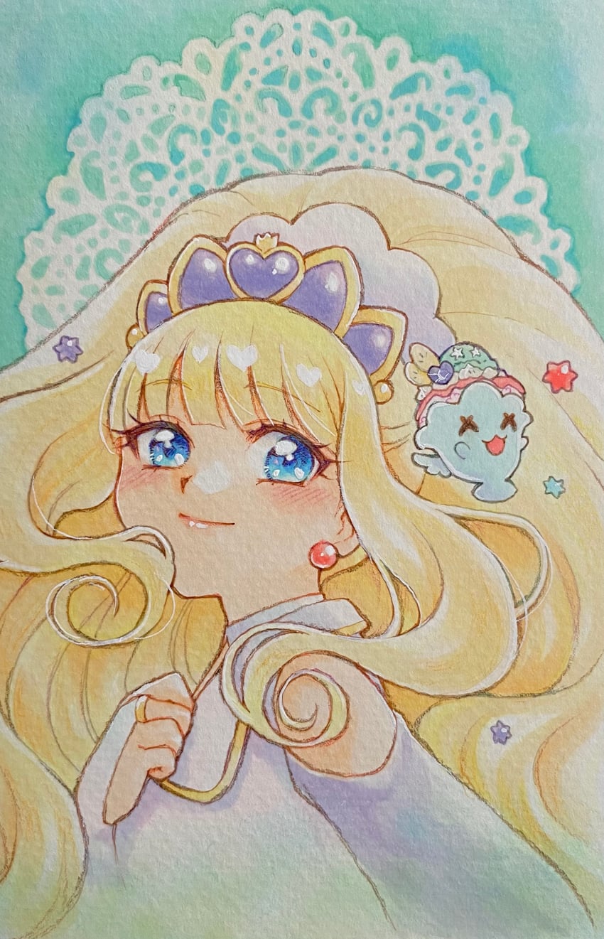 美味派对♡光之美少女、光之美少女、终焉天使 1名女孩 水色背景 金发 蓝眼 婚礼长手套