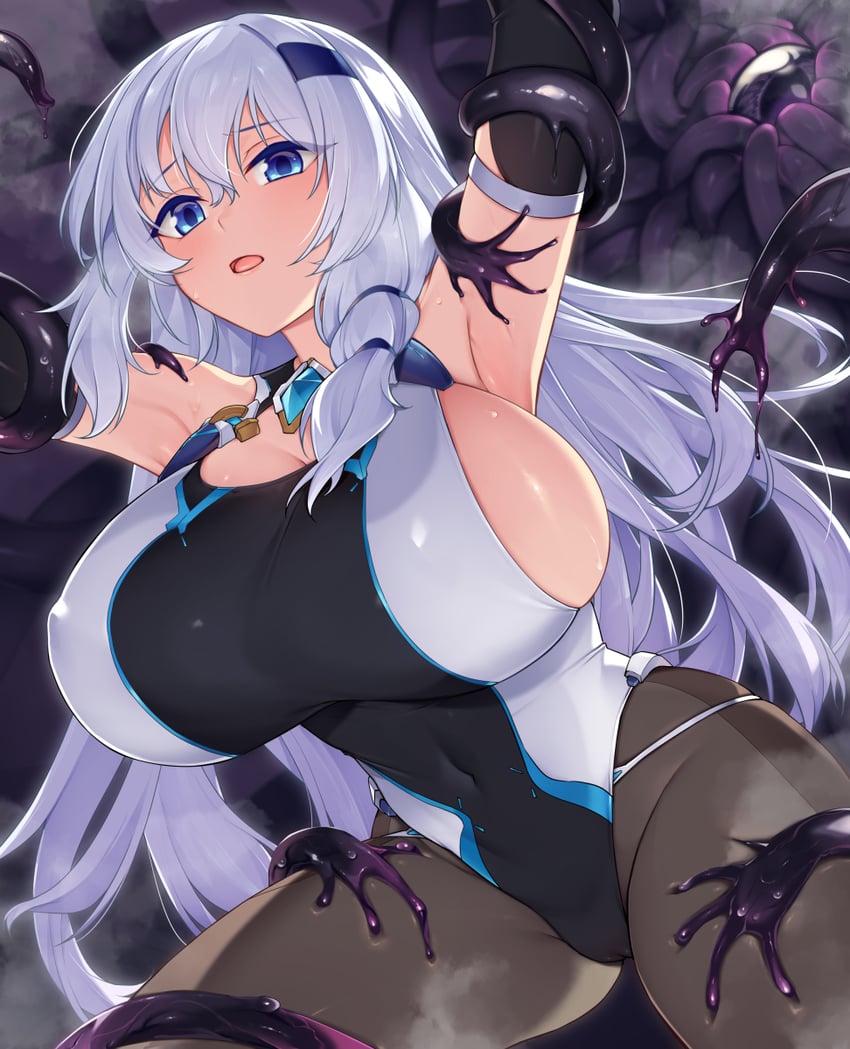 原创 1名女孩 举起双手 黑色手套 黑色连裤袜 蓝眼
