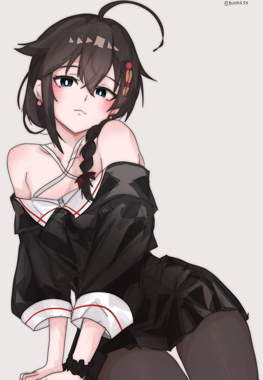 舰队Collection、shigure (ginza black) (kancolle)、时雨 1名女孩 呆毛 露肩 黑色连裤袜 黑衬衫