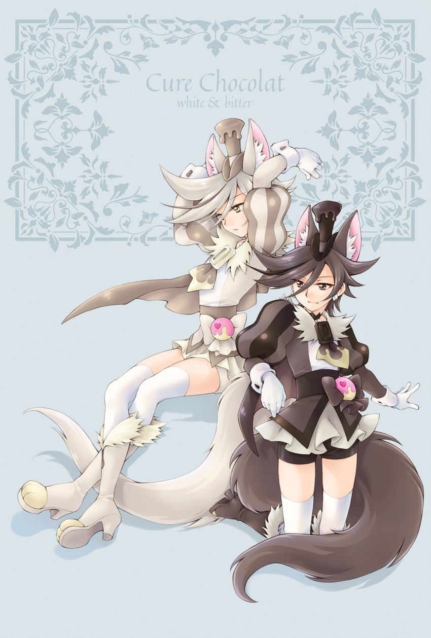 琪拉琪拉☆光之美少女 A La Mode、光之美少女、巧克力天使 2名女孩 异色 兽耳 黑发 蓝色背景